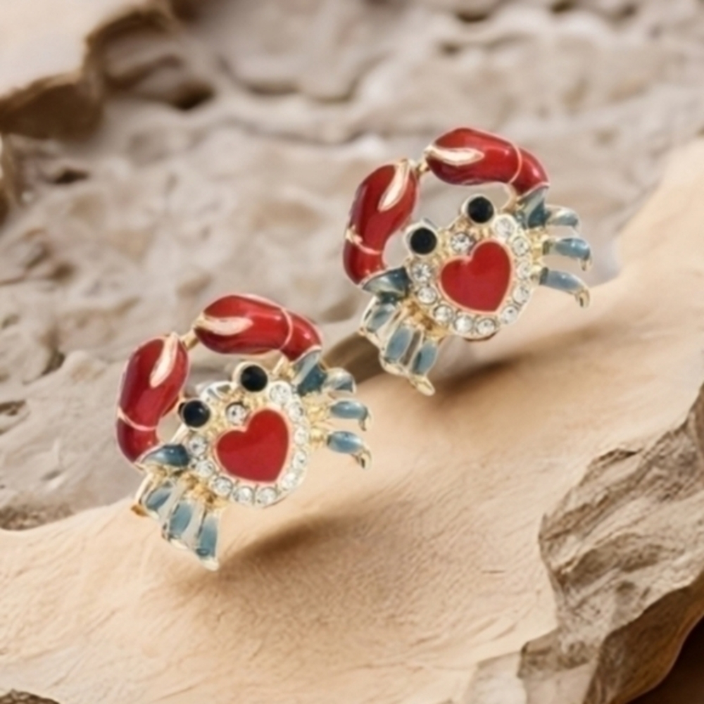 Red Crab Heart Stud Earrings - Women Jewelry